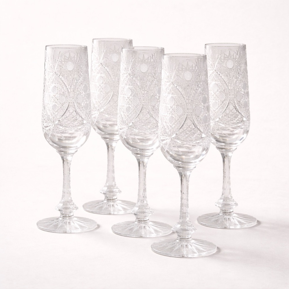 Vintage Cut Crystal Champagne Flutes Set of 5 | European Glassware